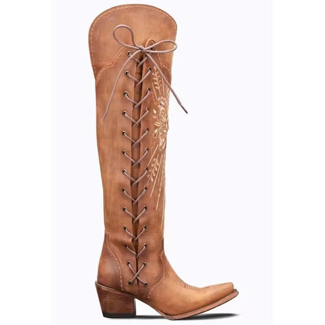 Retro Chunky Heel Embroidered Pointed High Heels Main Image