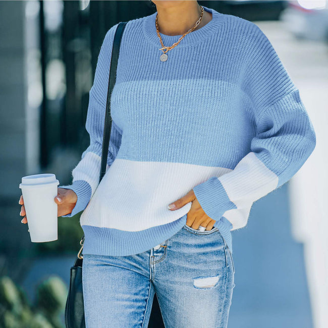 Women Knitted Stitching Loose Contrast Sweater Hover Image
