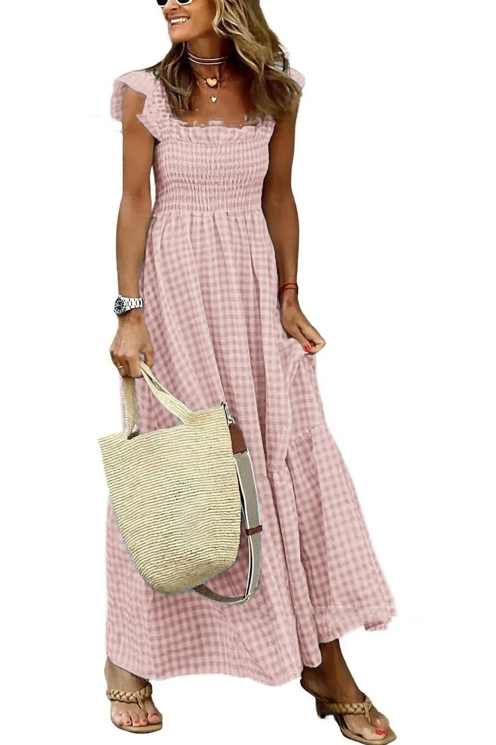 Robe plissée à volants imprimé écossais été, mode INS, sans manches, coupe trapèze, ample, pour la plage, vêtements pour femmes