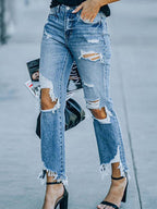 Jeans déchirés d'automne pour femmes, de style européen et américain, pantalon taille haute moulant avec genoux apparents pour femmes