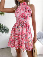 Femmes Robe Fluide à Imprimé Floral, Taille Nouée et Ourlet Volanté Élégante