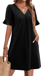 Robe élégante à col en V à volants pour femme avec poches