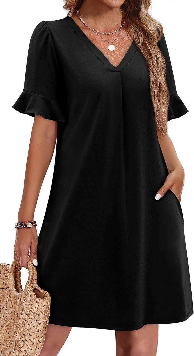 Robe élégante à col en V à volants pour femme avec poches