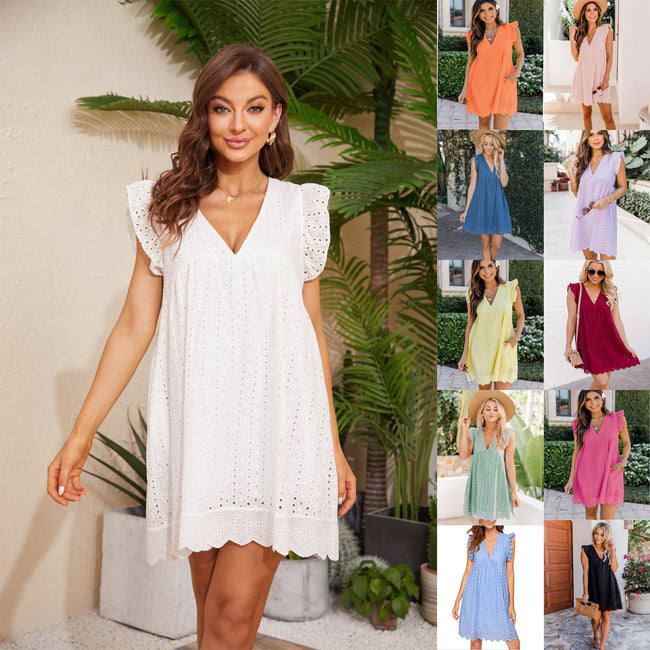 Lace Dresses With Pocket Summer Sleeveless Jacquard Cutout V-Neck Beach Dress Hover Image