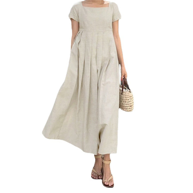 Robe en coton et lin, grande ampleur, manches courtes, col carré, élégante Main Image