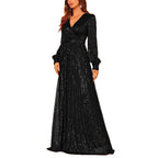 Robe de soirée élégante à sequins, manches longues, col en V et taille haute