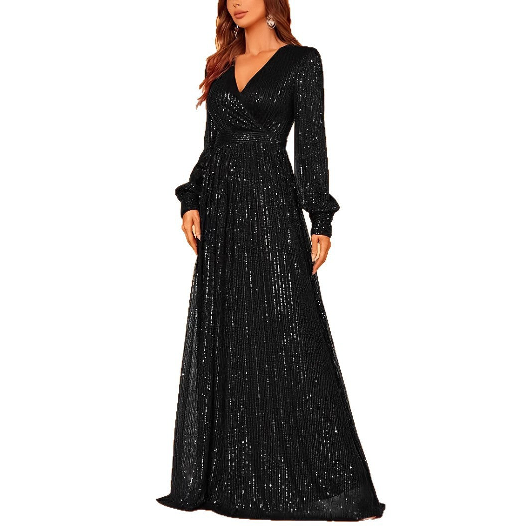 Robe de soirée élégante à sequins, manches longues, col en V et taille haute