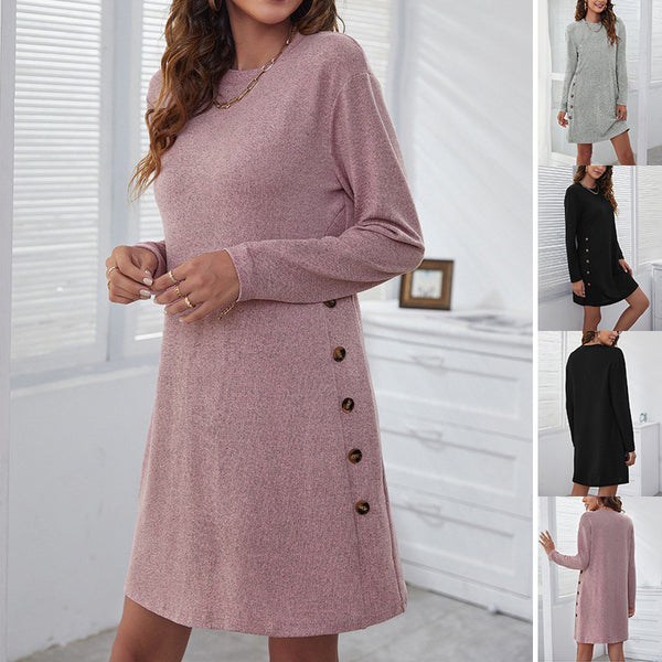 Robe longue à manches rondes, coupe droite, décontractée, couleur unie pour femme, vêtements de printemps et d'automne