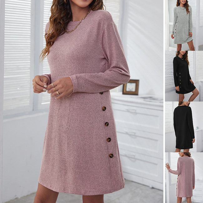 Robe longue à manches rondes, coupe droite, décontractée, couleur unie pour femme, vêtements de printemps et d'automne Hover Image