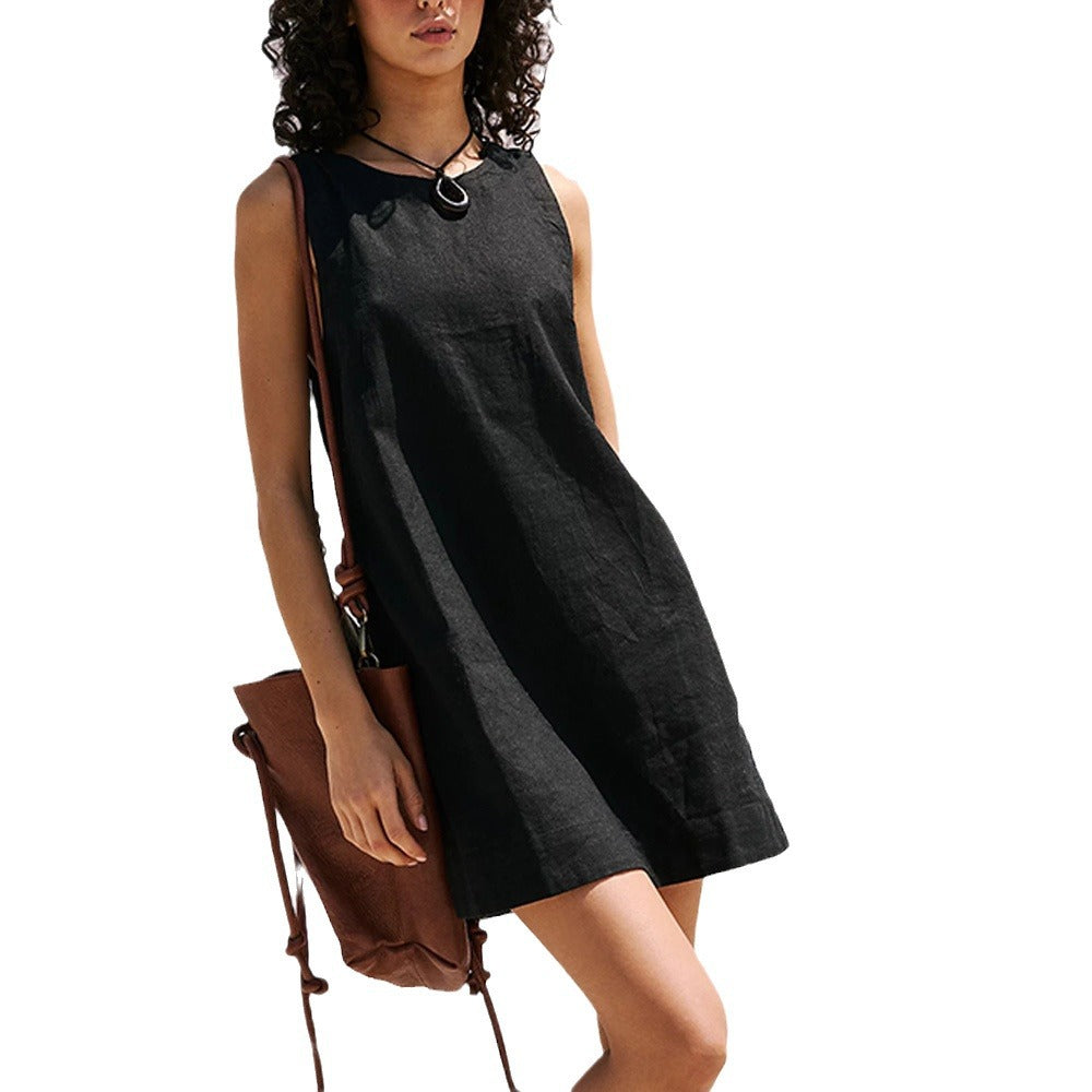 Robe courte sans manches en coton et lin pour femme, dos nu, couleur unie