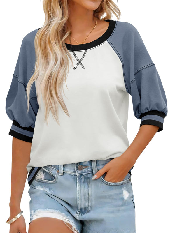 Fisoew Sweat-shirt ras du cou pour femme - Manches courtes raglan côtelées - Haut ample bicolore