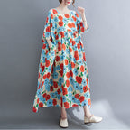 Robe ample en coton et lin imprimée à manches courtes de grande taille pour femmes