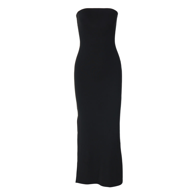 Robe longue fendue coupe ajustée de couleur unie