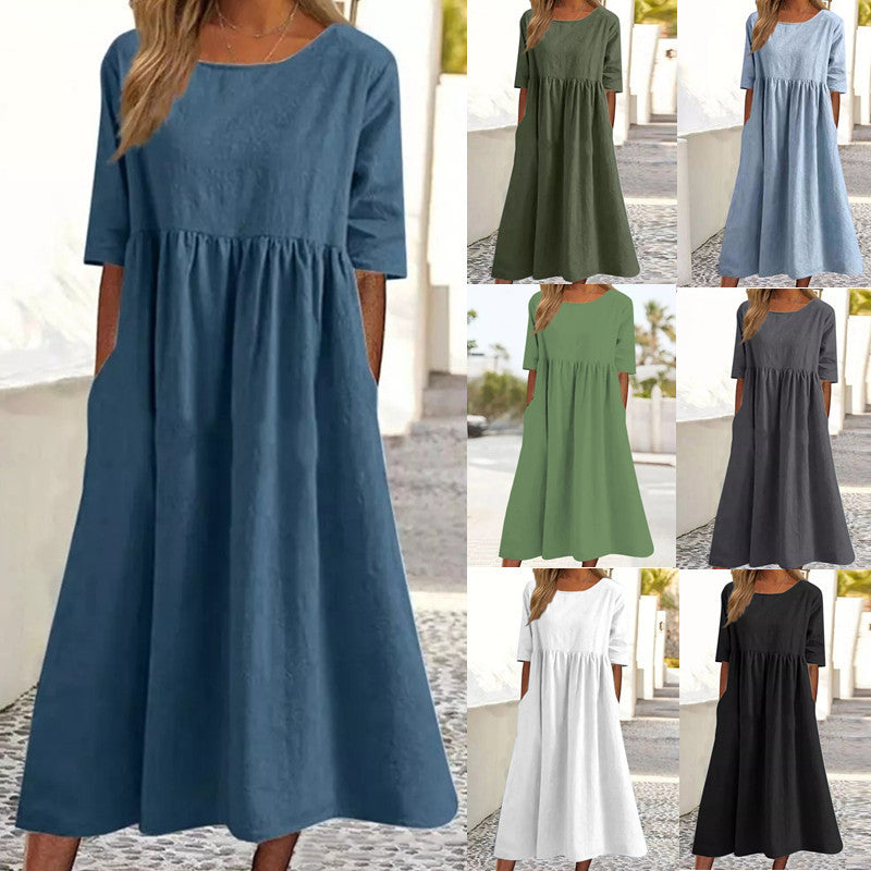 Robe décontractée en coton et lin à manches courtes et poches pour femme