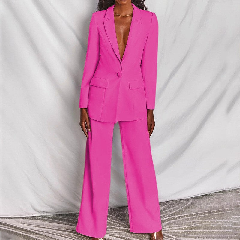 Ensemble 2 pièces décontracté blazer à revers boutonné et pantalon droit pour le bureau, les trajets quotidiens et les affaires