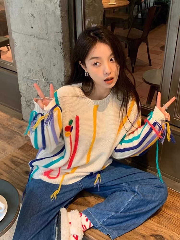 Pull Frangé Tricot Rayé Coloré Pour Femme