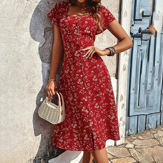 Robe longue bohème fleurie d'été pour femme, boutonnée, fendue, fluide, pour la plage ou les soirées Main Image