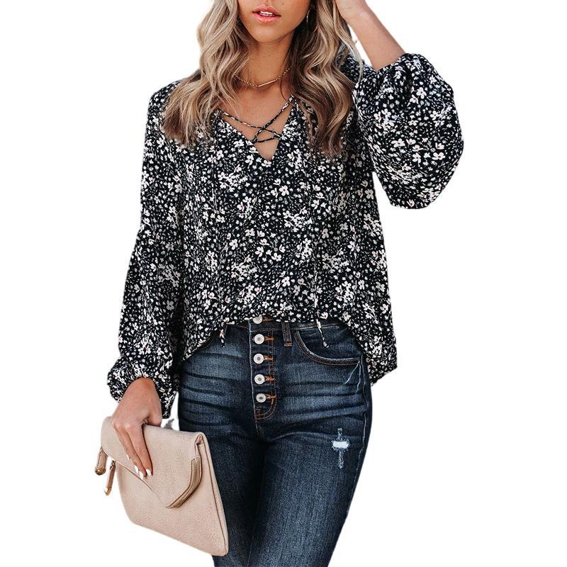 Chemise décontractée ample à manches longues et motif floral pour femmes européennes et américaines
