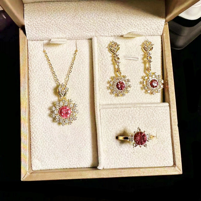 Ensemble de bagues, pendentifs et boucles d'oreilles grenat rouge pour femme