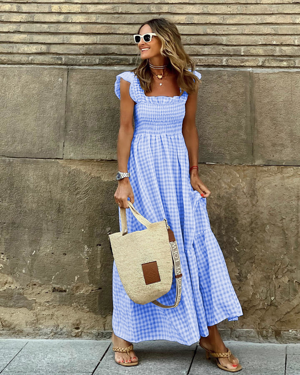 Robe plissée à volants imprimé écossais été, mode INS, sans manches, coupe trapèze, ample, pour la plage, vêtements pour femmes
