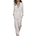 Womens Stylish And Elegant Striped Long-Sleeve Blazer And Pants Suit Set