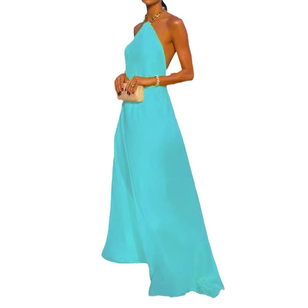 Robe longue dos nu sexy unie à grand décolleté licou