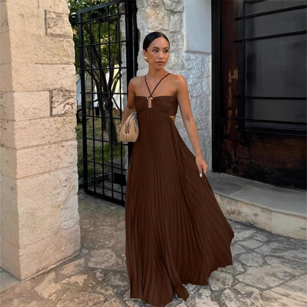 Robe longue plissée sans manches à bretelles, taille haute évidée, dos nu pour soirée, club, vêtement femme