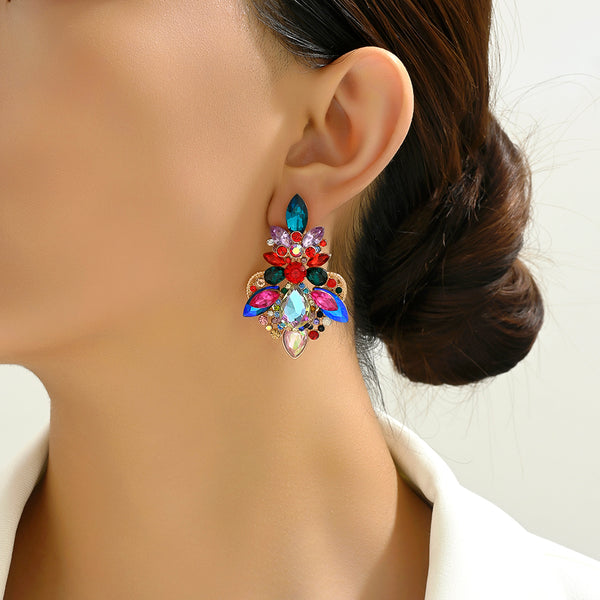Boucles d'oreilles clous vintage superposées en strass en forme de goutte d'eau pour femmes, idéales pour les fêtes, mariages, bijoux de luxe, sélection de trois couleurs.