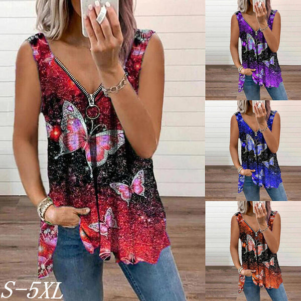 Gilet ample femme à col en V zippé imprimé papillon tendance