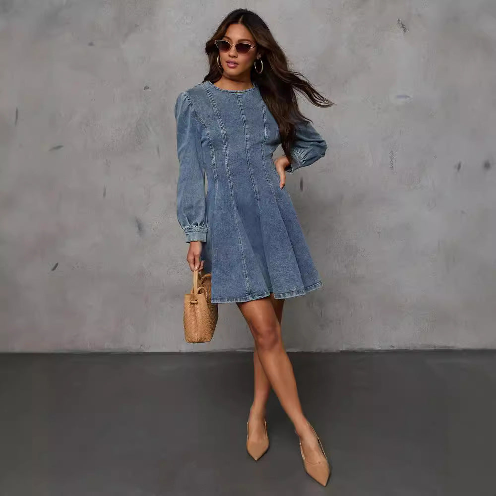 Robe longue en jean à manches longues pour femmes, coupe cintrée, patchwork élégant