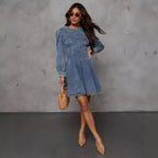 Robe longue en jean à manches longues pour femmes, coupe cintrée, patchwork élégant