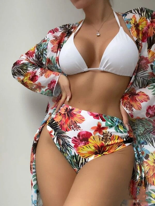 Maillot de bain trois pièces imprimé avec blouse en maille