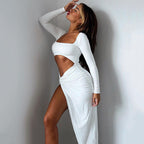 Robe longue à manches longues pour femmes, mode, col en U creux, robe de soirée de mariage fendue