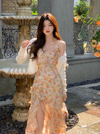 Robe fleurie à bretelles en mousseline froncée irrégulière pour femme