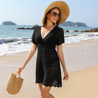 Robe de plage décolleté en V profond, motif vague, ajourée