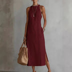 Robe d'été sans manches à col licou et patchwork de dentelle pour femme, style vacances
