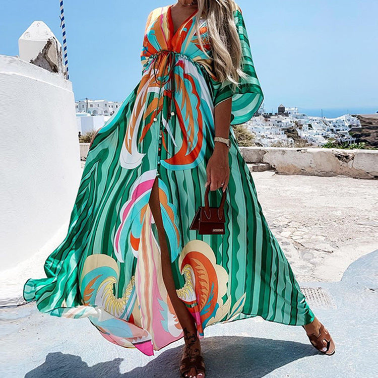 Robe longue sexy de plage asymétrique à col en V fendu