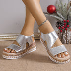 Sandales compensées européennes et américaines grande taille à bout ouvert avec bride élastique, talons hauts, sandales romaines en argent pour femmes