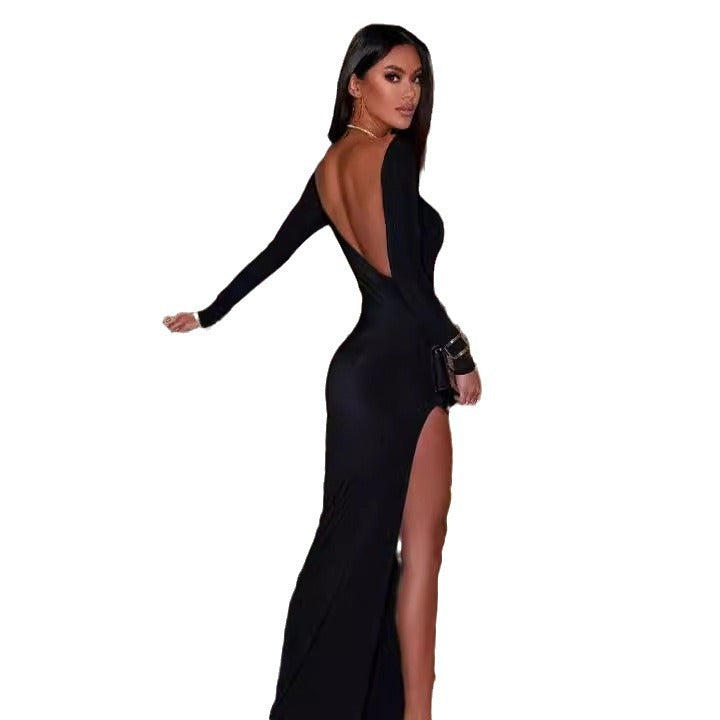 Robe longue femme à manches longues, col rond, dos nu sexy, robe fendue