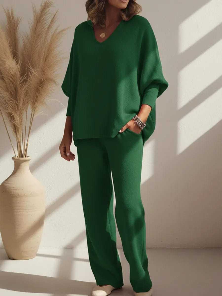 Ensemble 2 pièces tricoté : haut à manches longues col en V et pantalon décontracté
