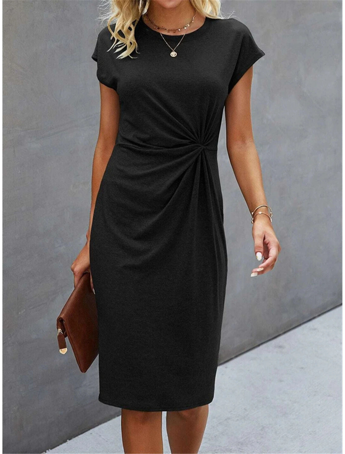 Robe mi-longue décontractée à col rond avec nœud sur le devant pour femme
