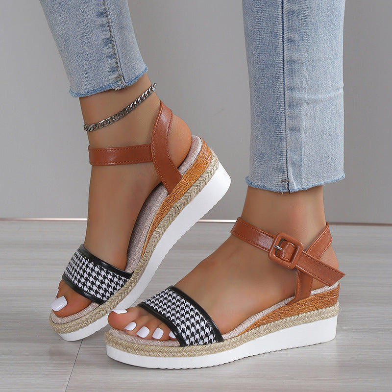 Sandales à imprimé pied-de-poule pour femme, chaussures habillées d'été à boucle