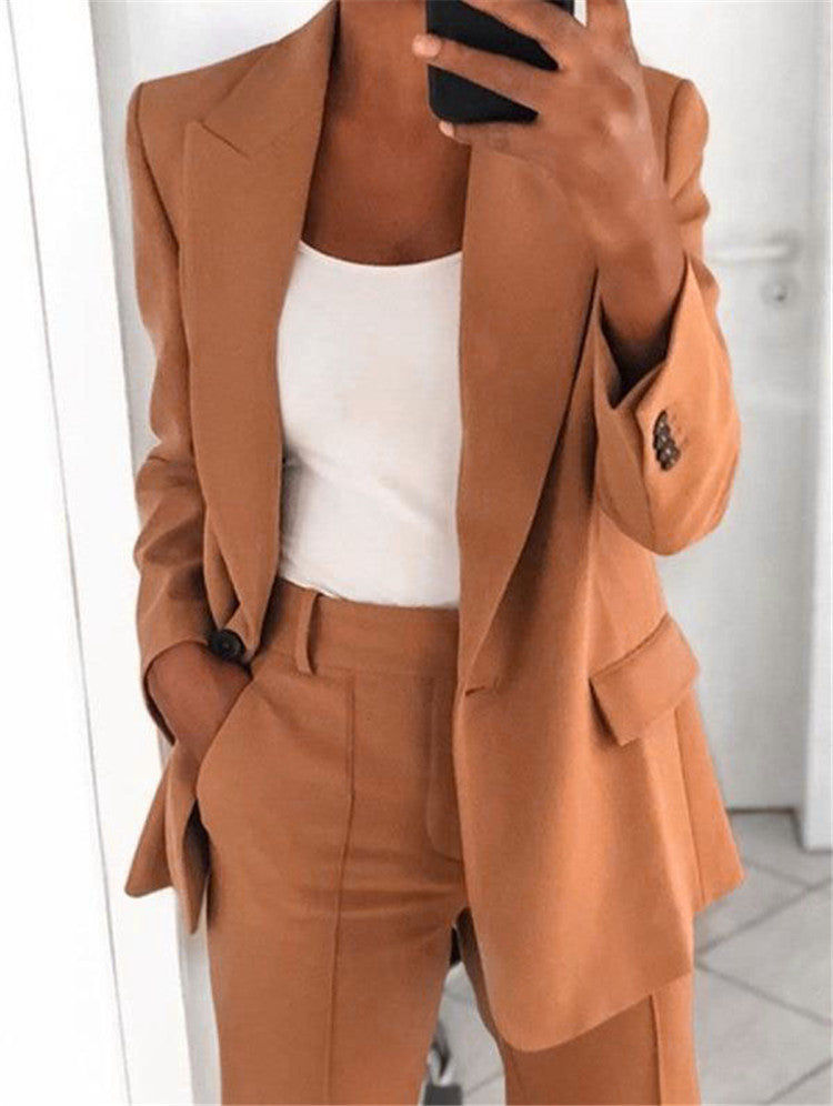 Vêtements pour femmes : Ensemble décontracté Ins avec blazer à revers, manches longues et pantalon slim à poches