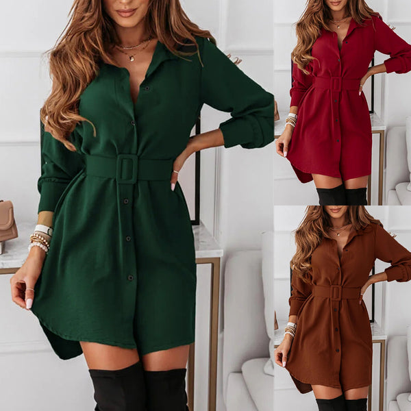 Robe chemise boutonnée élégante à manches longues avec ceinture pour femme