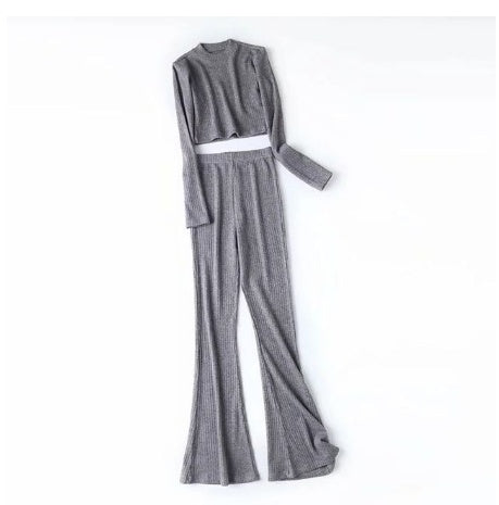 Slim Short Long Sleeved T Shirt Women  Highwaist Flared Trousers