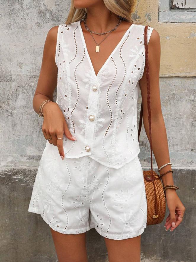 Ensemble short décontracté femme, gilet uni col V et boutonnage