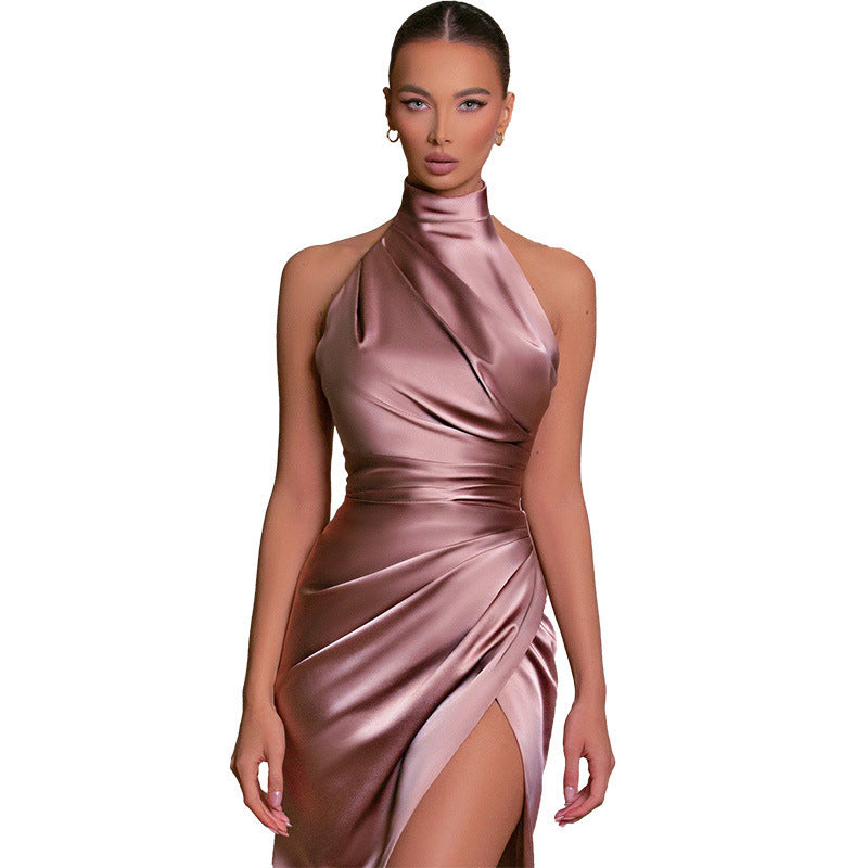 Robe longue satinée asymétrique à une épaule pour femme