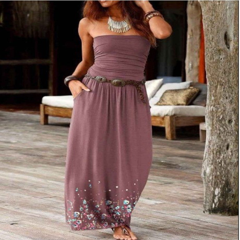Robe longue bustier sans col amincissante imprimé floral sans ceinture