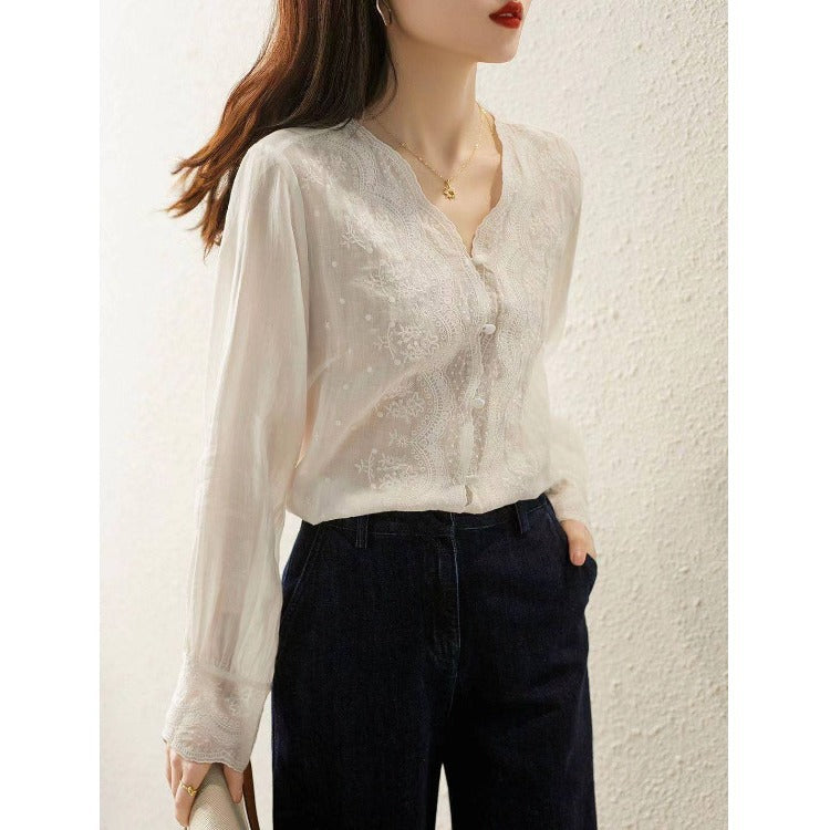 Chemise femme en coton et lin à col en V, style rétro, à porter seule ou en superposition