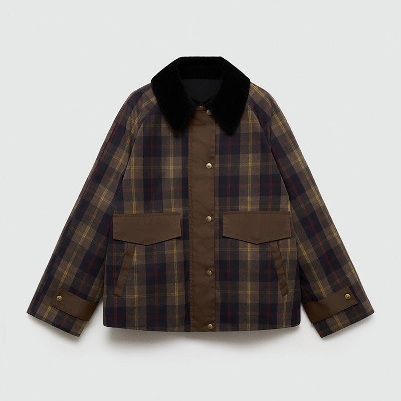 Autumn And Winter Plaid Fur Collar Cotton-padded Coat